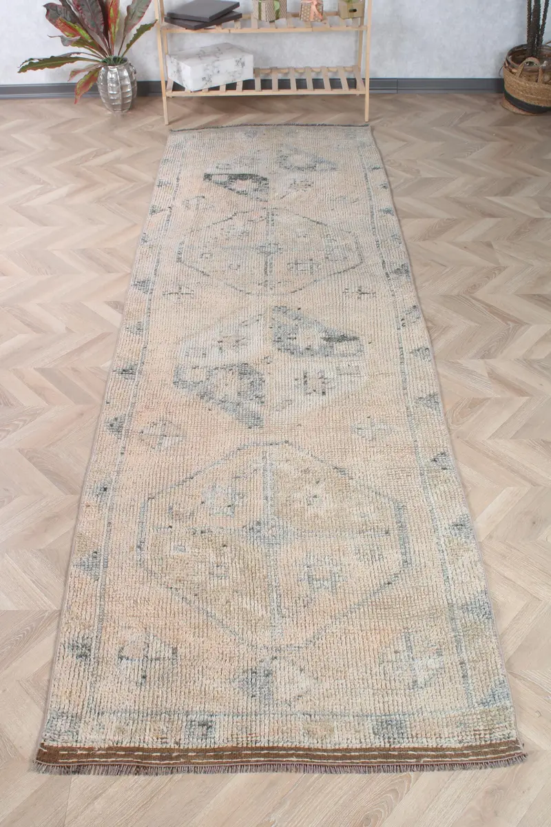 Türk Vintage Halı, 3.3x10.7 ft Runner Halı, Kahverengi Mavi Puantiyeli Halı - 1
