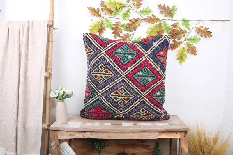 Turkish Kilim Pillow, Home Decor Pillow, Hippie Throw Cushion Case, Outdoor Bolster Cushion Cover, Antique Pillows, 24x24 Blue Pillow Cover, Pillow - 2