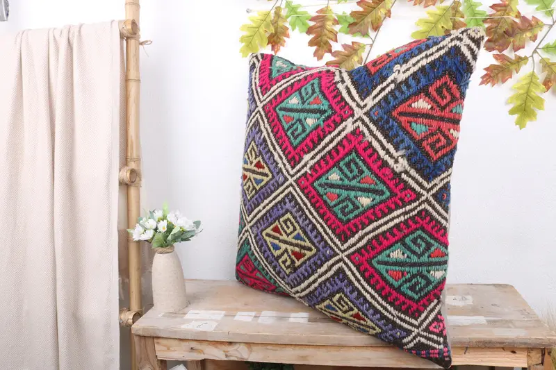 Turkish Kilim Pillow, Home Decor Pillow, Hippie Throw Cushion Case, Outdoor Bolster Cushion Cover, Antique Pillows, 24x24 Blue Pillow Cover, Pillow - 4