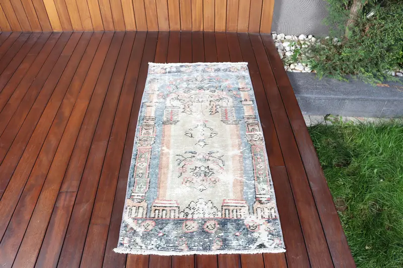 2.3x4.6 ft Oushak Türk Halısı, Mavi Oryantal Vintage Halı Yün - 1