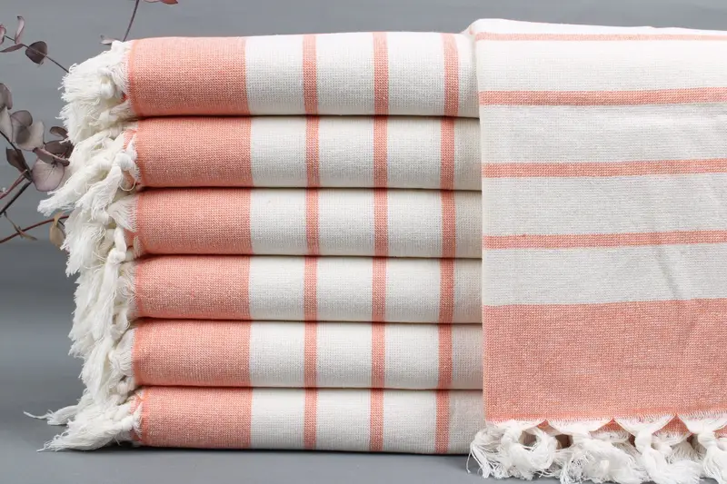 Turkish Hand Towel, Orange Striped, Beige, 18x36 Inches