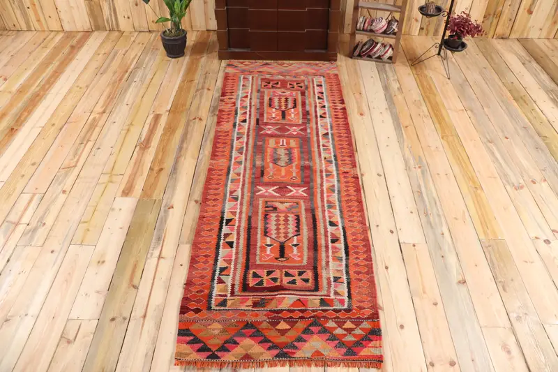 Vintage 2.9x8.4 ft Halı, Runner Türk Halısı, Kırmızı Siyah Ombré Yün Halı - 1