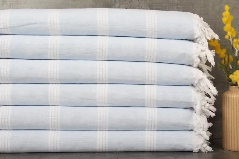 Organic Striped Baby Blue Peshtemal Turkish Beach Towel, 30x69 Inches