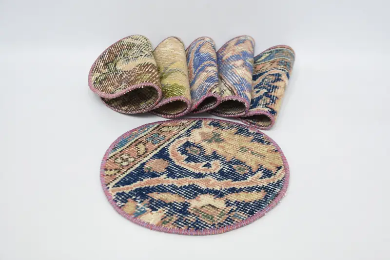 Manteles individuales bohemios circulares en azul y marrón, decoración de mesa de algodón y lana