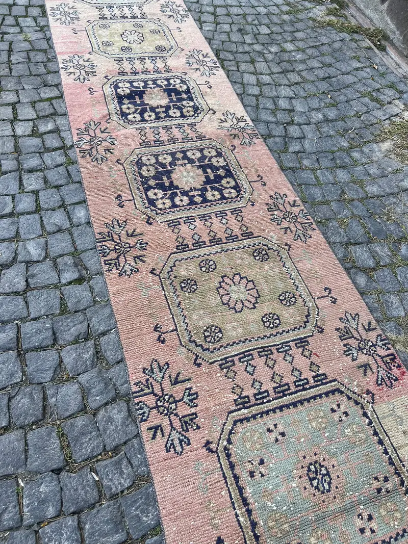 Turkish Runner Rug 2.8x21.2 ft, Vintage Oushak Pink Moroccan Wool Rug - 1