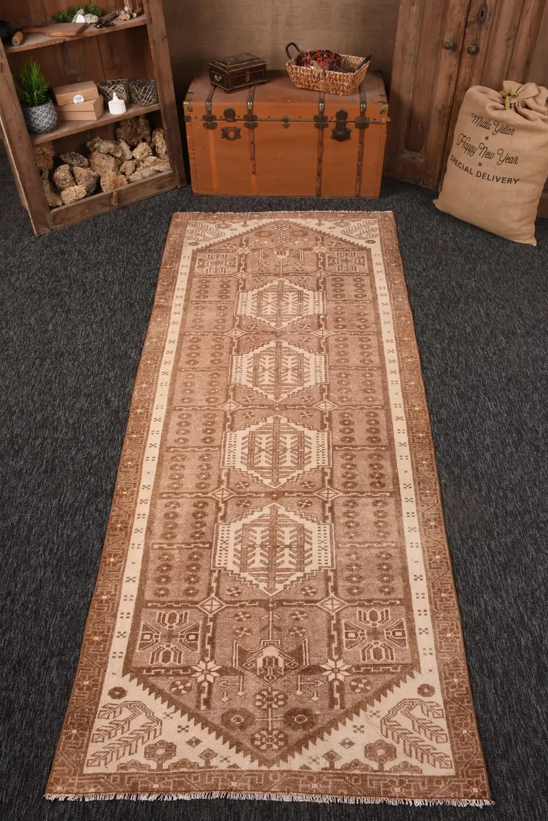 Türk Yolluk Halısı 3.5x9.2 ft, Vintage Oushak Kahverengi Güneybatı Yün Halı - 1