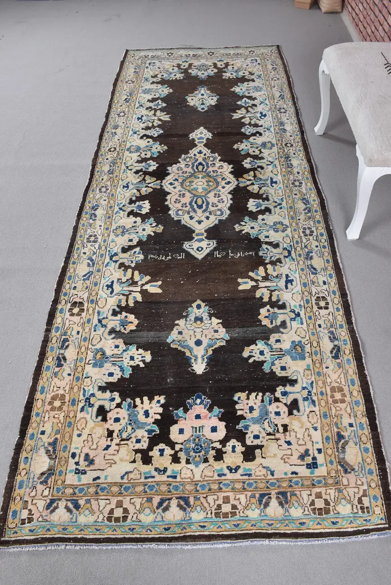 Kahverengi Soyut Halı, 3,6x10,2 ft Bej Vurgular