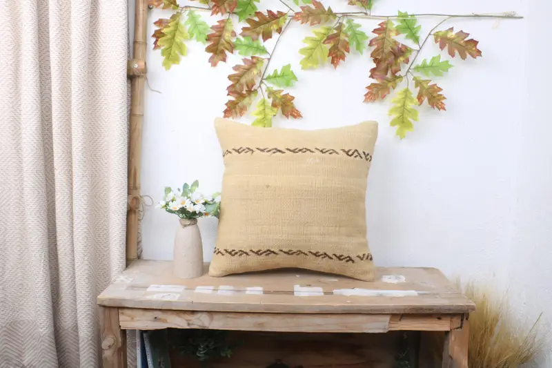 Outdoor Pillow Cover, Cushion Case, 16x16 Beige Pillow Case, Pillow for Couch, Retro Throw Cushion Cover, Turkish Kilim Pillow, Boho Pillow - 1