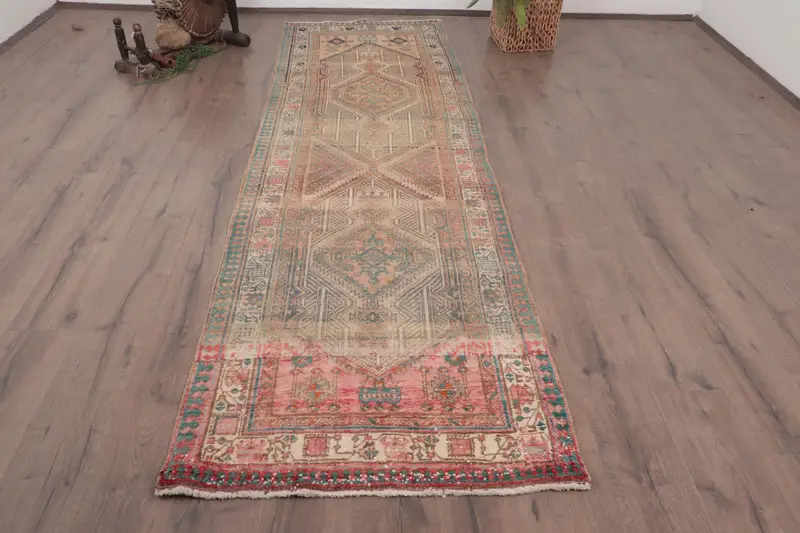 3,1x10,4 ft Vintage Teppich, türkischer Läuferteppich, blau roter marokkanischer Teppich - 1