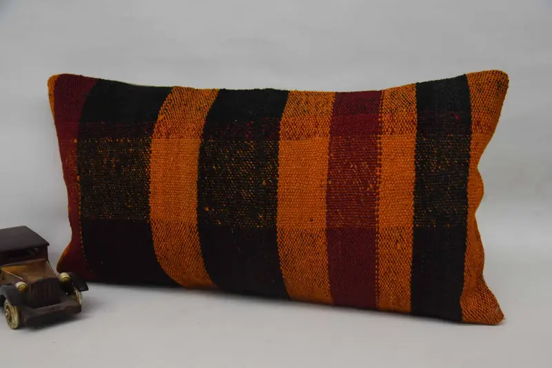 Kilim Cushion Sham, Pillow Cover, Handmade Throw Cushion Case, 12x24 Orange Cushion Case, Neutral Throw Pillow Case, Throw Kilim Pillow, Boho Pillow - 3