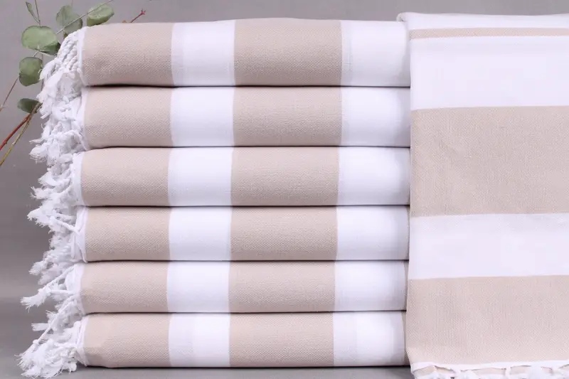 Personalized Beach Towel Monogrammed Turkish Cotton Beige Stripes, 40x71 Inches