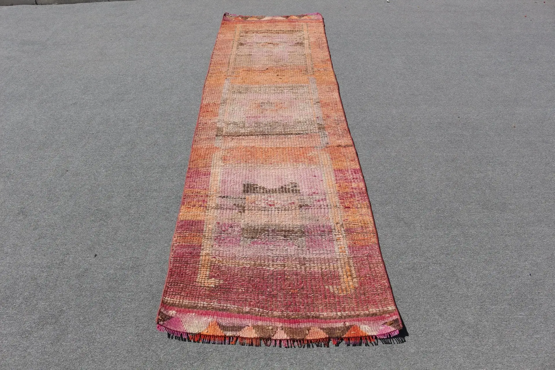 2.7x9.4 ft Rug, Vintage Turkish Rug, Red Pink Patchwork Wool Rug - 1