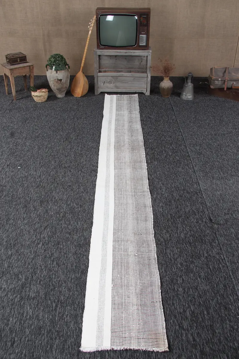 Turkish Vintage Runner Rug 1.5x12.4 ft, Oushak Gray Wool Rug - 1