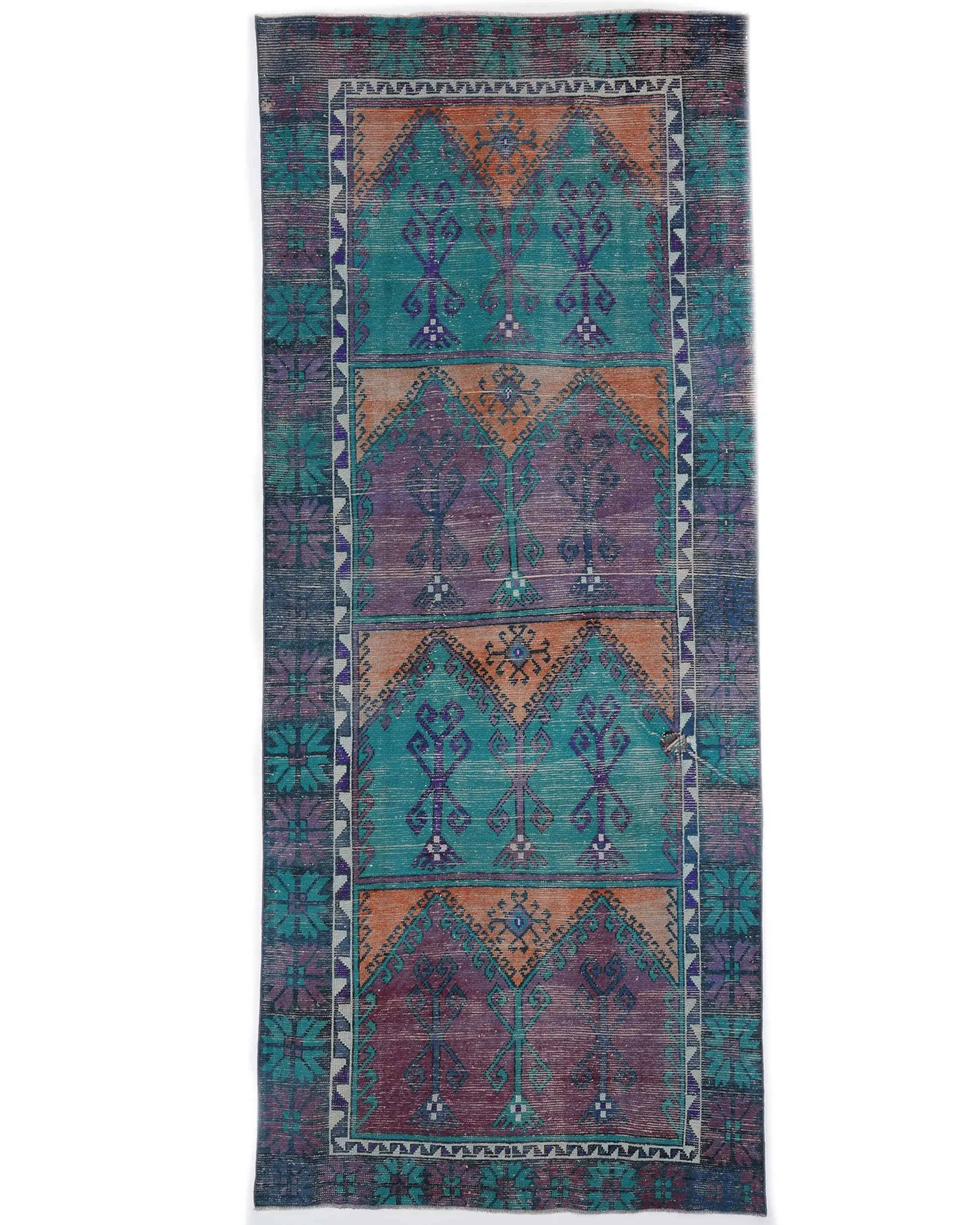 Türk 4.7x11.3 ft Halı, Vintage Halı, Mavi Bordürlü Halı Yün - 1