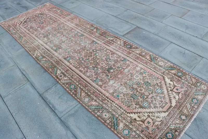 Vintage 3.1x9.6 ft Rug, Oushak Turkish Rug, Red Bordered Wool Rug - 1