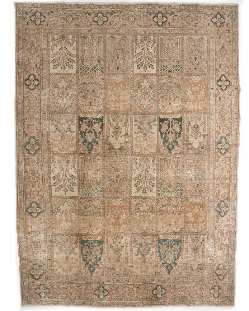 Zarif Kahverengi ve Yeşil Halı, 9,7x12,7 ft İran Desenli