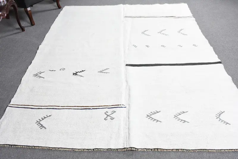 Türk Halısı, Büyük 6.46x8.7 ft Vintage Halı, Beyaz Mavi İkat Yün Halı - 1