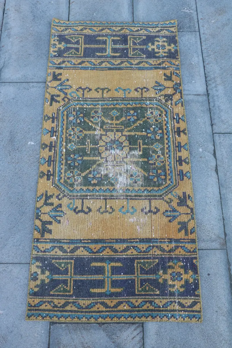 1,9x4,2 ft Yellow Persian Rug with Blue Accents, Modern Chic