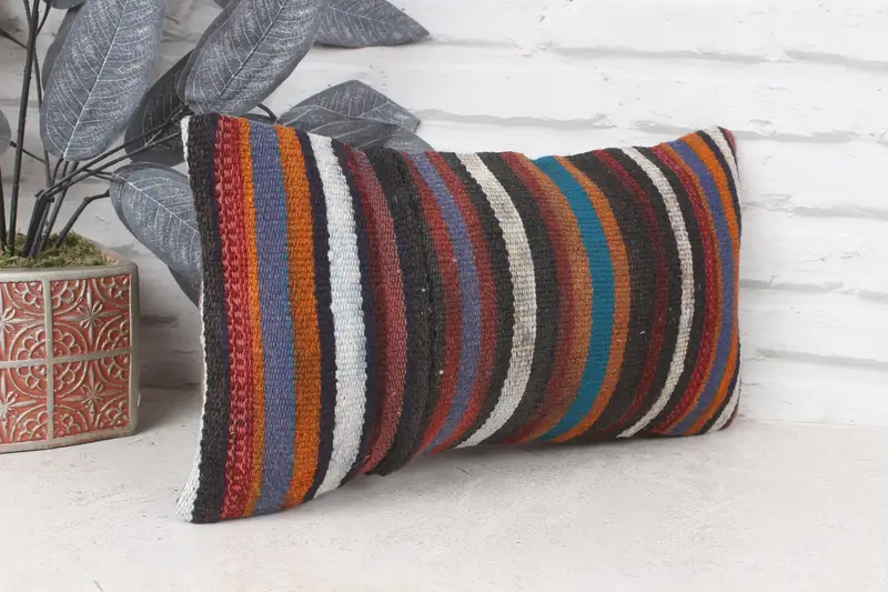 Ethnical Kilim Rug Pillow, Neutral Pillow, Handmade Kilim Cushion, Turkish Pillow, 8x16 Blue Cushion Cover, Cushion Cover - 4