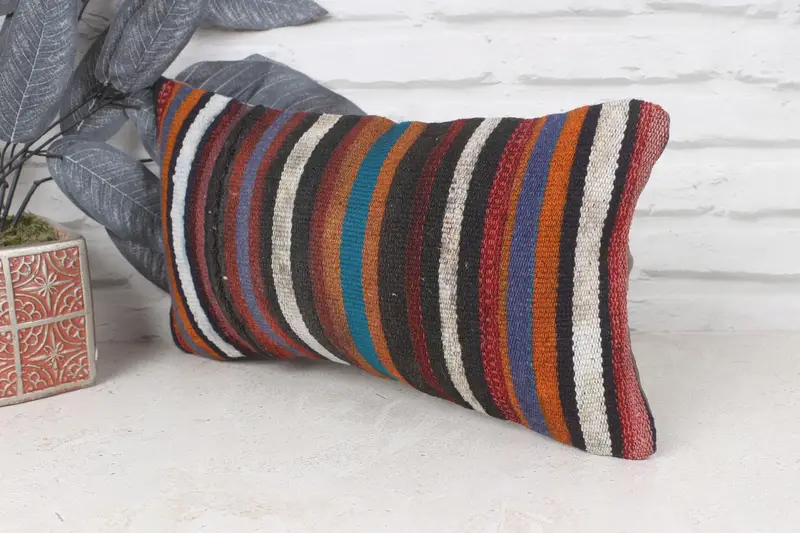 Ethnical Kilim Rug Pillow, Neutral Pillow, Handmade Kilim Cushion, Turkish Pillow, 8x16 Blue Cushion Cover, Cushion Cover - 3