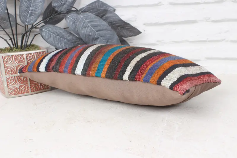 Ethnical Kilim Rug Pillow, Neutral Pillow, Handmade Kilim Cushion, Turkish Pillow, 8x16 Blue Cushion Cover, Cushion Cover - 6
