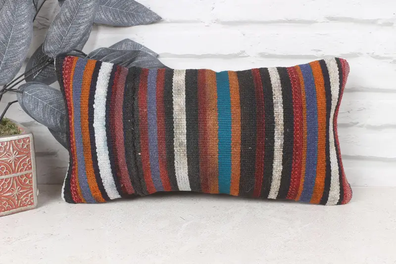 Ethnical Kilim Rug Pillow, Neutral Pillow, Handmade Kilim Cushion, Turkish Pillow, 8x16 Blue Cushion Cover, Cushion Cover - 1