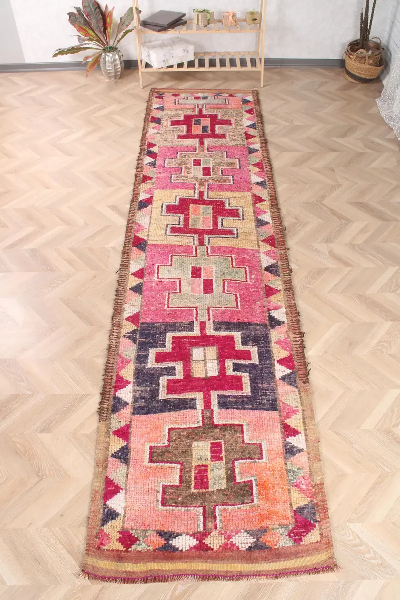 2.9x12 ft Vintage Rug, Herki Rug, Red Patchwork Rug Wool - 1