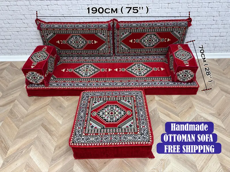 Conjunto de sofá modular inspirado en Kilim, otomano en mezcla de lana roja y gris