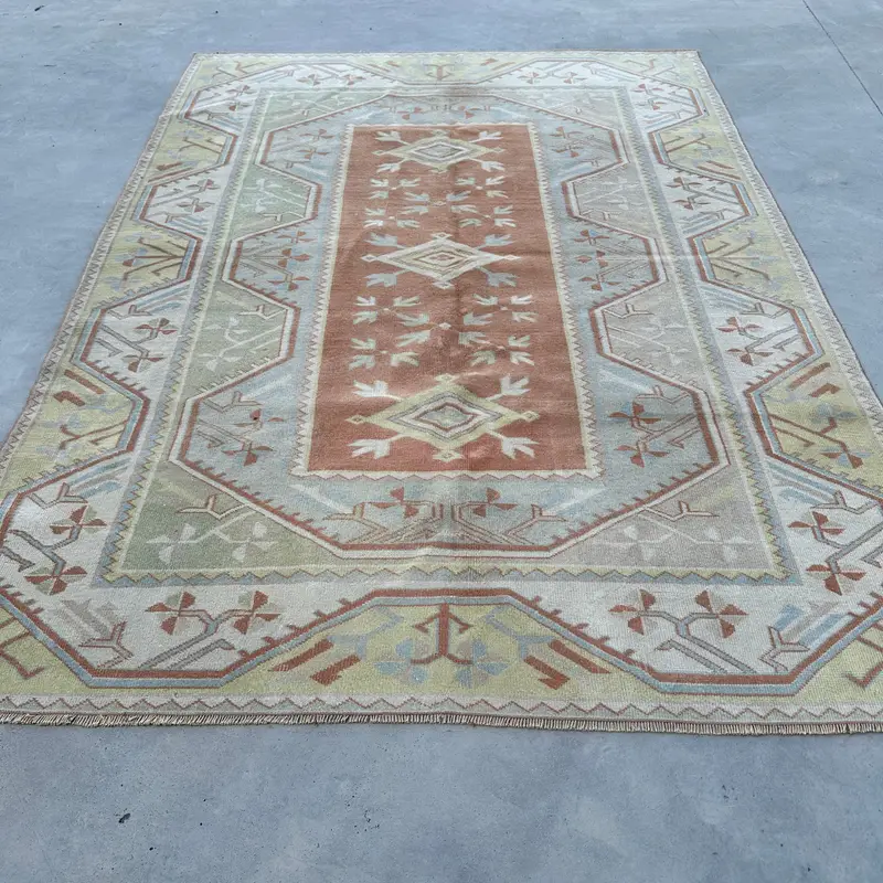 5.5x7.6 ft Vintage Large Rug, Orange Yellow Turkish Plants & trees Wool Rug - 1