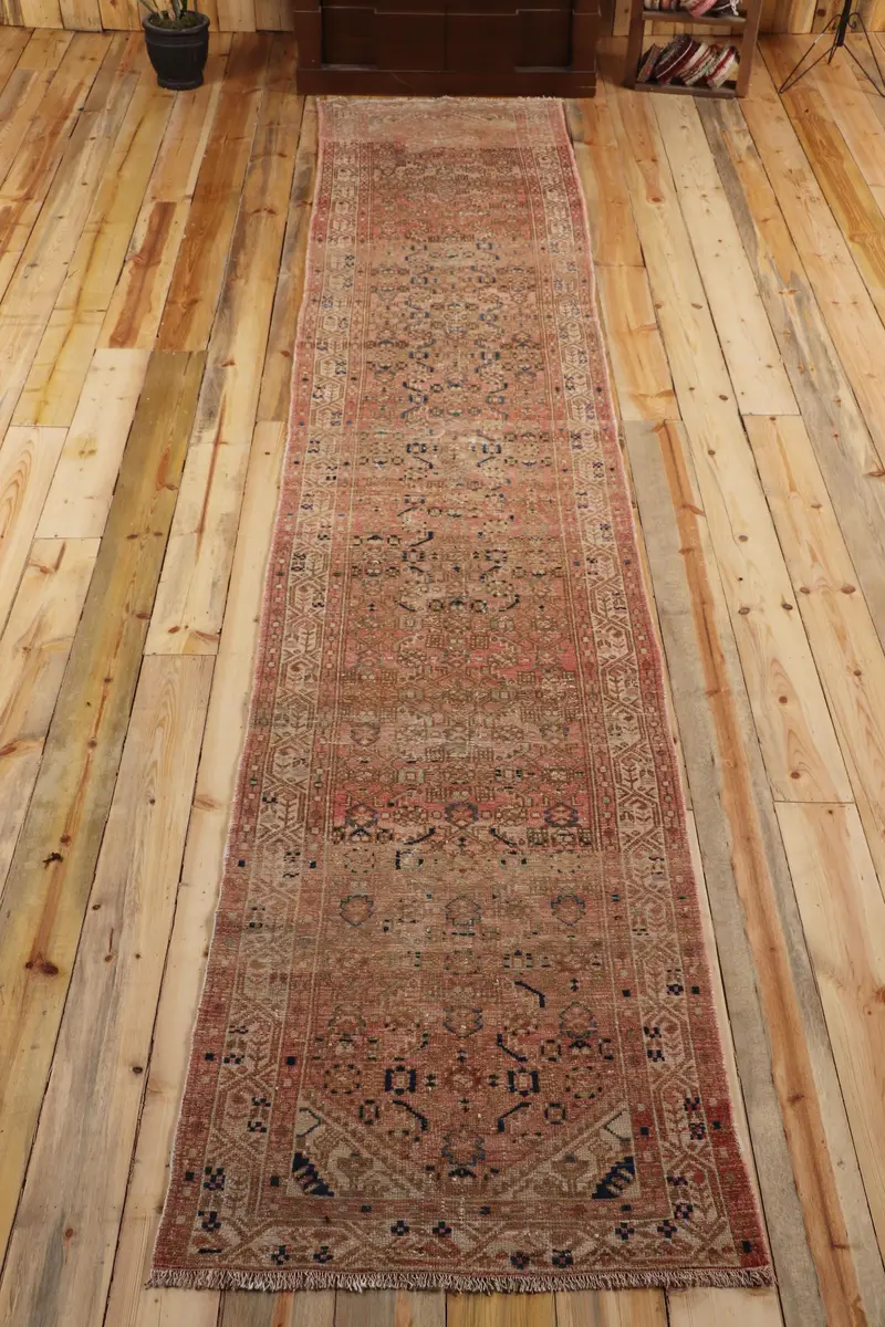 Vintage 2.6x13.3 ft Halı, Runner Türk Halısı, Kırmızı Mavi Çiçekli Yün Halı - 1