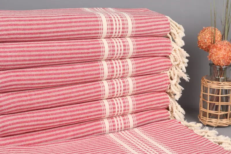 Embroidered Beach Towel Red Stripes Organic Cotton, 38x67 Inches