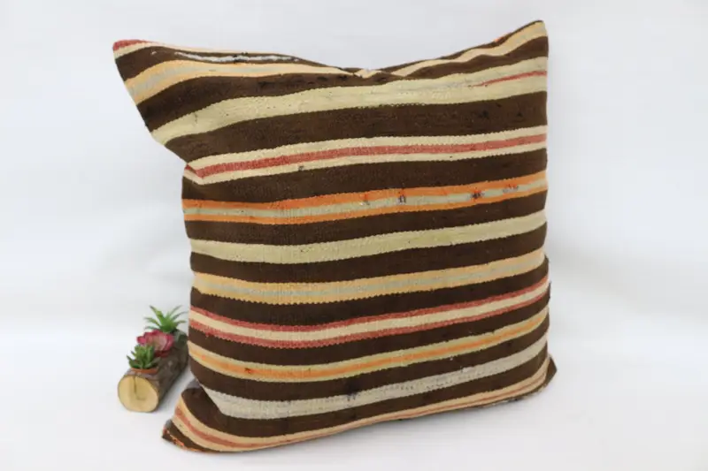 Kilim Pillow Cover, Aesthetic Pillow Sham, Turkish Kilim Pillow, Boho Pillow, Cushion, Lounge Throw Pillow Cover, 32x32 Brown Pillow Cover - 3