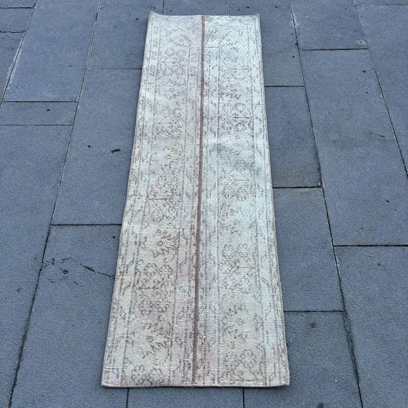 Vintage Turkish Runner Rug 1.6x5.2 ft, Gray Brown Abstract Wool Rug - 1