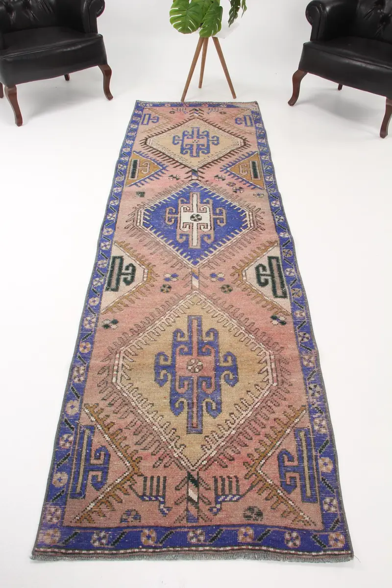 Vintage Rug, 2.8x9.5 ft Runner Turkish Rug, Oushak Blue Red Camouflage Rug - 1