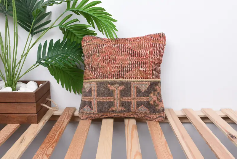 Pillow for Couch, 14x14 Brown Cushion Case, Throw Kilim Pillow, Bolster Pillow Sham, Cushion Cover, Gift Pillow, Neutral Throw Cushion Case - 1