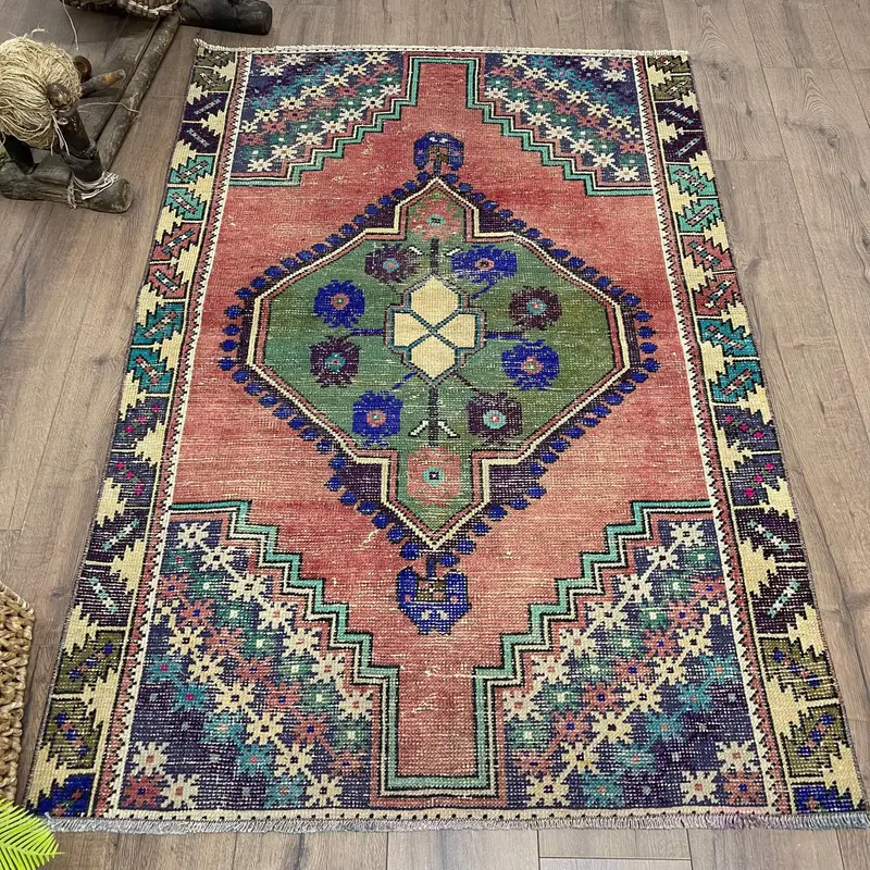 Alfombra abstracta roja y verde, 3,6x5,2 ft