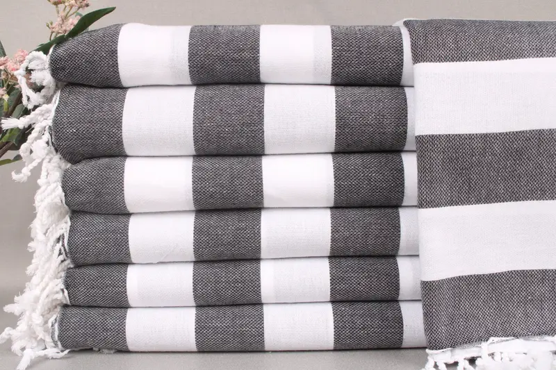 Personalized Turkish Beach Towel Embroidered Black Striped, Beige, 40x71 Inches