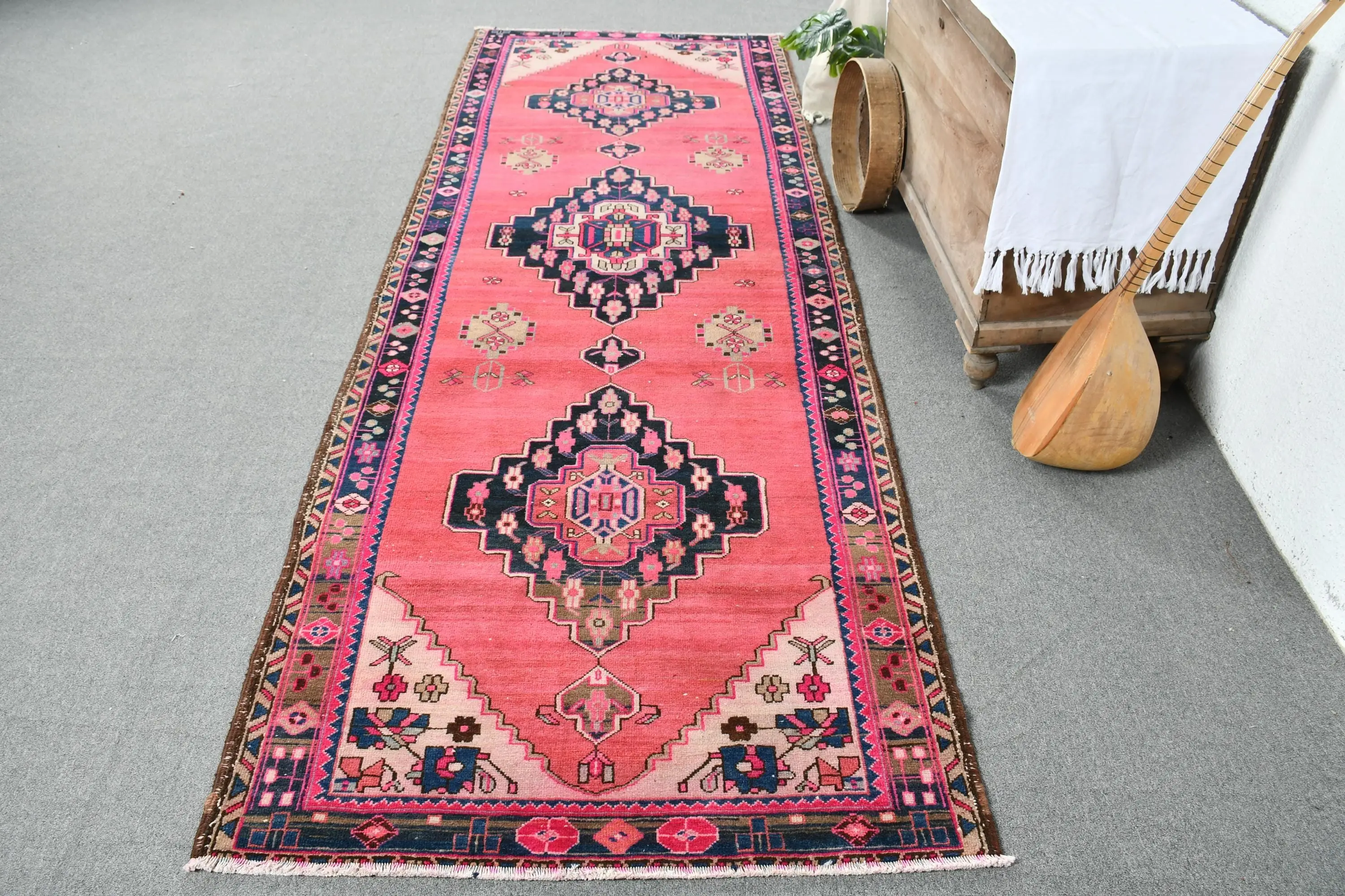 Turkish Rug 3.7x10.5 ft, Red Blue Abstract Wool Vintage Rug - 1