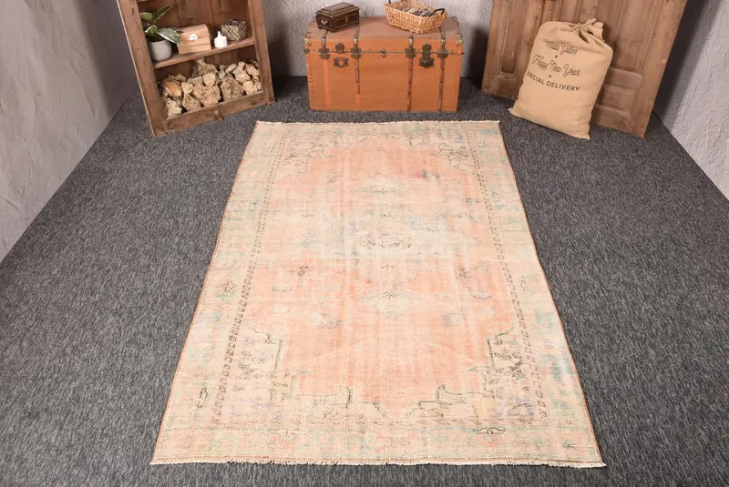 5.1x8 ft Halı, Vintage Türk Halısı, Pembe Oushak Yün Halı - 1