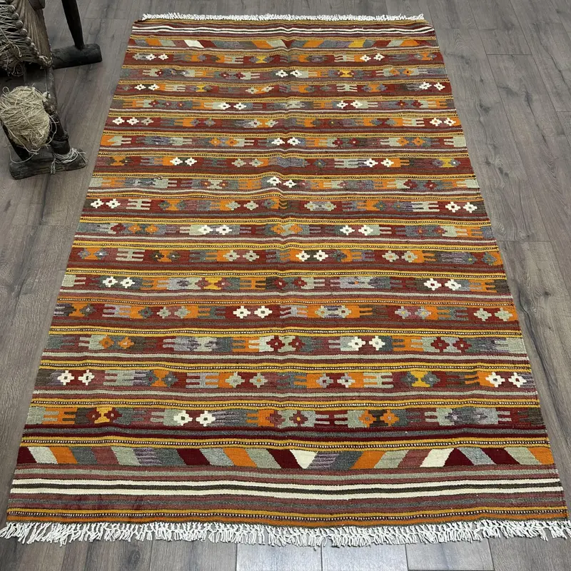 パープル & オレンジ ラグ、4.3x6.9 フィート ボーダーデザイン