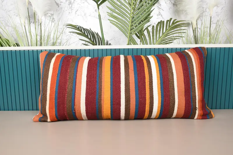 Rot & Bronze gestreiftes Kissen, 16x36 besticktes Wurfkissen