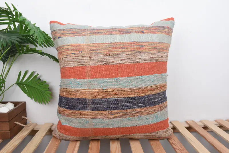 Orange & grün gestreiftes Wurfkissen, besticktes Vintage Kissen