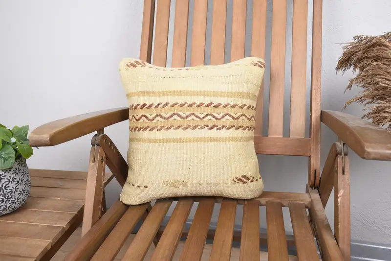 Striped Turkish Small Square Cushion Case, 14x14 inch Beige Chair Moroccan Pillow Sham - 1