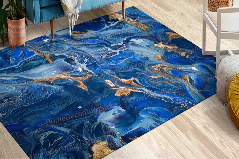 Alfombra estampada en dorado brillante y azul marino: acento de lujo para el hogar
