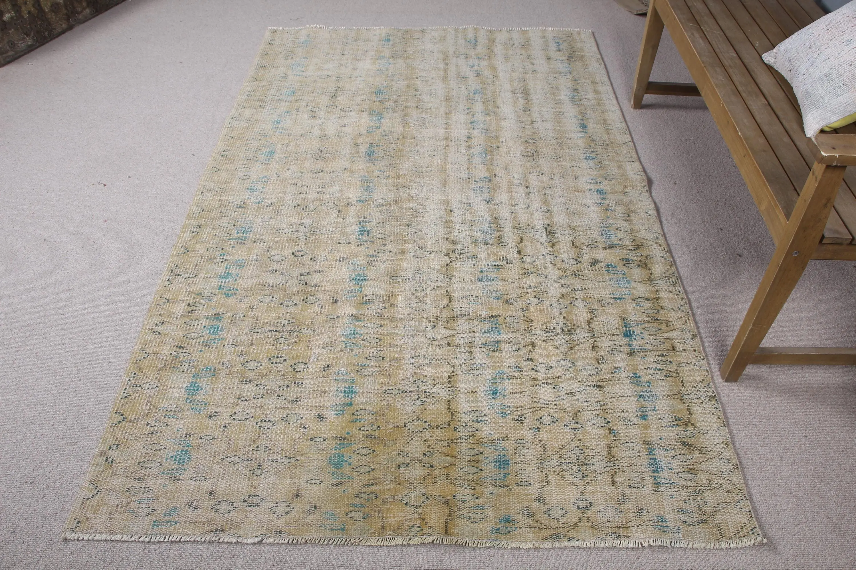 Turkish Vintage Rug 4.4x7.2 ft (135x218 cm), Yellow Oriental Rug - 1
