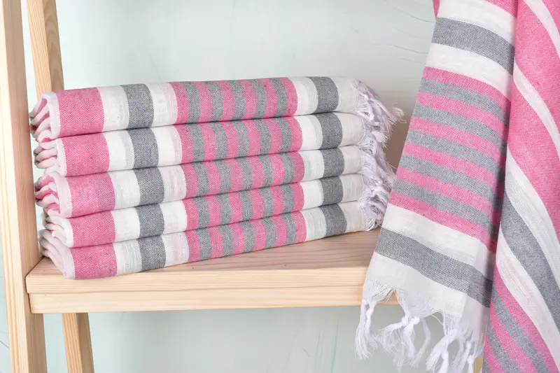 Turkish Towels Beach Pink-Dark Pink Striped, Organic Cotton/Linen, 40x67 Inches