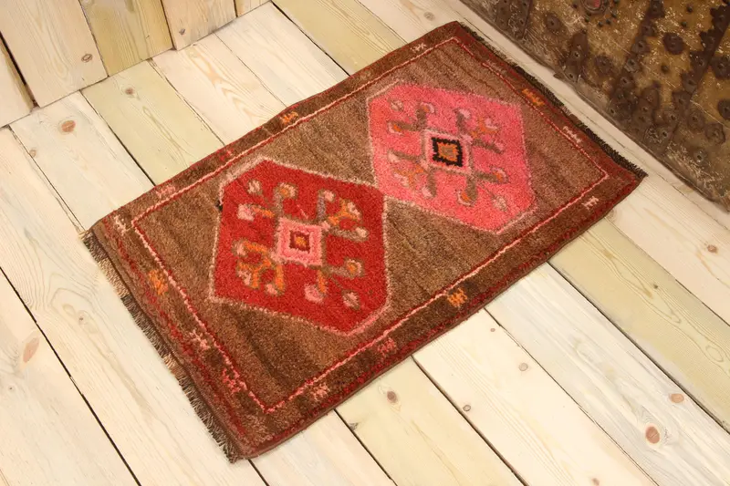 Turkish Rug, Small 1.7x2.7 ft Vintage Rug, Brown Ikat Wool Rug - 1