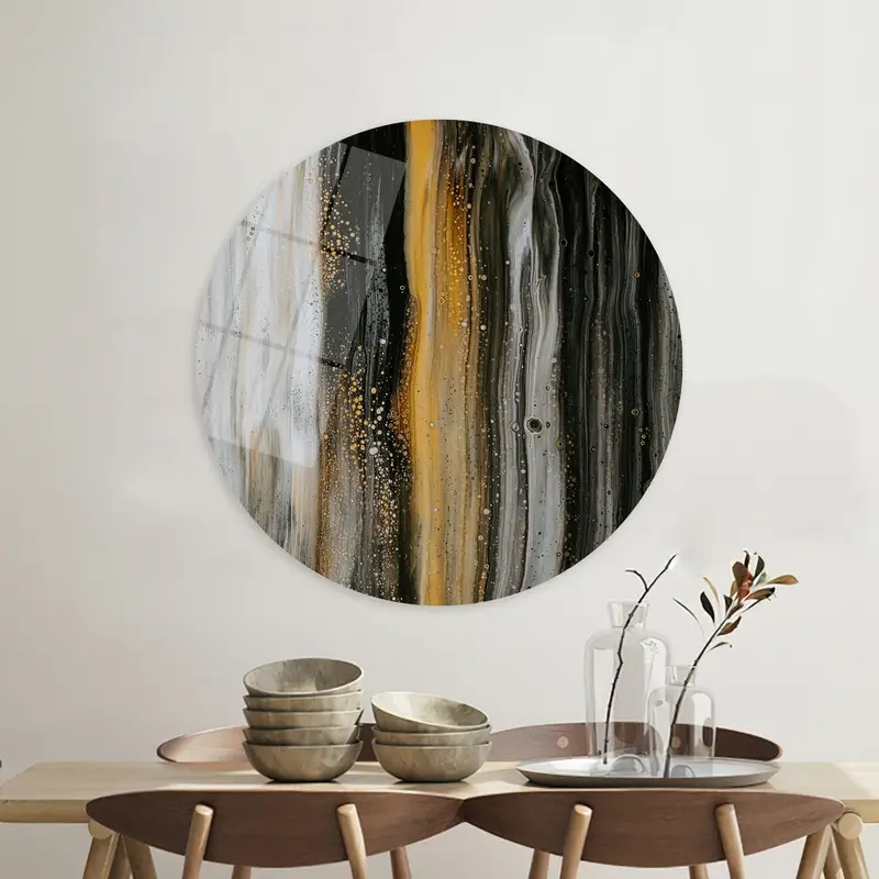Contemporary Black Abstract Modern Oil Canvas Print, Shimmery Gold