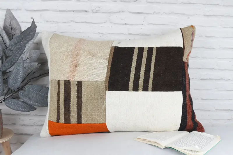 Pillow Sham, Gift Pillow, Handmade Kilim Cushion, Accent Cushion, 20x28 White Pillow Sham, Turkish Kilim Pillow, Pastel Cushion Case - 2