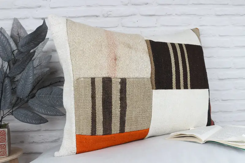 Pillow Sham, Gift Pillow, Handmade Kilim Cushion, Accent Cushion, 20x28 White Pillow Sham, Turkish Kilim Pillow, Pastel Cushion Case - 3